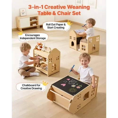 VEVOR Montessori-Tisch- & Stuhlset, Holz, 3-in-1-Kindersitzgruppe, Kindermöbel mit Abnehmbarer Kreidetafel, 0°- & 35°-Winkel, für Kleinkinder von 1-5 Jahren zum Essen, Zeichnen, Lesen & Spielen – Bild 2