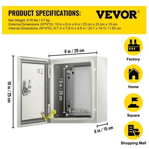 VEVOR Stahl-Elektrokasten, Elektrogehäuse, 25x20x15 cm, Kohlenstoffstahl, IP65 – Bild 6