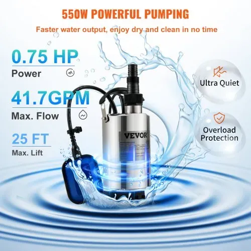 VEVOR Schmutzwasserpumpe 550W Tauchpumpe 230V Gartenpumpe Durchfluss 9500L/h Schmutzwassertauchpumpe IPX8 Auslass zuschneidbar zum Pumpen von Wasser aus Schwimmbädern Teichen Kellern – Bild 2