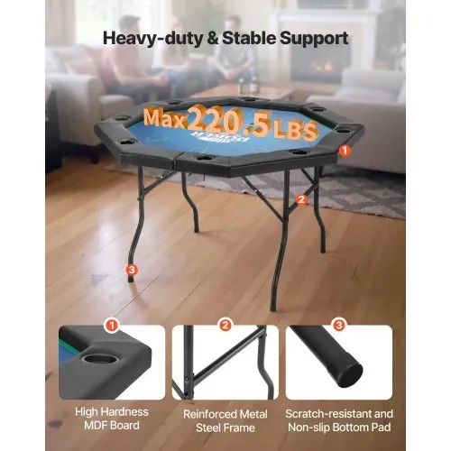 VEVOR klappbarer Pokertisch für 8 Spieler (1325 mm) Kasino-Freizeittisch mit gepolsterten Schienen & Getränkehaltern, achteckige tragbare Spieltische mit Filz- und Metallbeinen Texas Hold’em Poker – Bild 5
