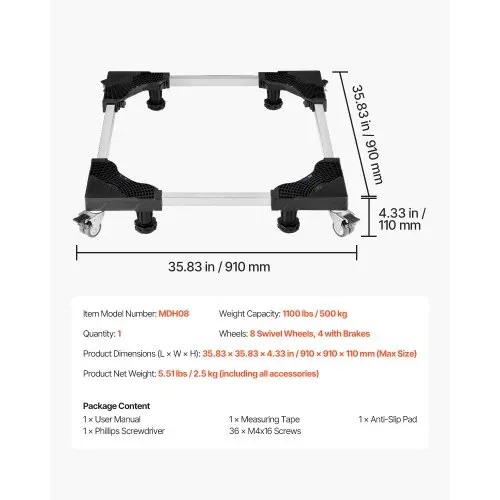 VEVOR Waschmaschine Sockel Untergestell 500 kg Tragkraft, mobile Basis mit feststellbaren Zwillingsrädern & 4 Bremsen, 69,85-89,9 cm verstellbarer Möbelwagen für Waschmaschine, Kühlschrank & Trockner – Bild 6
