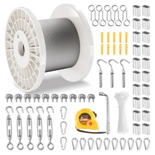 VEVOR Drahtseil-Set, Ф3,18mmx30,5m, 304 Edelstahlkabel, mit 124 Zubehörteilen, 7,1kN Bruchfestigkeit, 7×7 Litzen, Bauqualität für Marine & Flugzeuge, für Handläufe, Treppen, Terrassen, Zäune im Freien VEVOR Drahtseil-Set, Ф3,18mmx30,5m, 304 Edelstahlkabel, mit 124 Zubehörteilen, 7,1kN Bruchfestigkeit, 7×7 Litzen, Bauqualität für Marine & Flugzeuge, für Handläufe, Treppen, Terrassen, Zäune im Freien