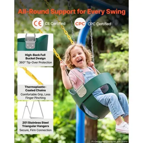 VEVOR Kinderschaukel 136 kg Schaukel Hohe Rückenlehne Vollschalensitz Grün, für Spielplätze im Garten & Indoor, Beschichtete Ketten & Karabiner, Komplett Montierter Sitz für Kinder ab 3 Jahren, CE/CPC – Bild 4