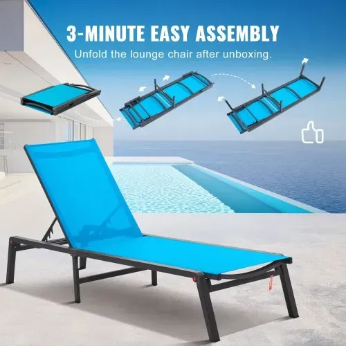 VEVOR Chaiselongue-Sessel für den Außenbereich, Aluminium-Terrassen-Loungesessel mit 5 verstellbaren Positionen, klappbarer Pool-Loungesessel mit Liegefunktion und komplett flacher Sonnenstuhl für Terrasse, Strand, Pool, Blau – Bild 3