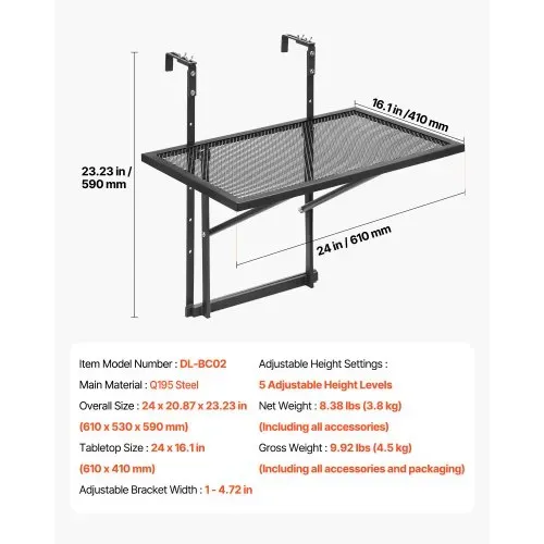 VEVOR Balkontisch, 61x41 cm, klappbarer Balkonhängetisch aus Metall, Klapptisch für Geländer im Freien, 5-stufig verstellbar, passend für Geländer von 1 bis 4,7 Zoll, Serviertisch für Terrasse & Deck – Bild 6