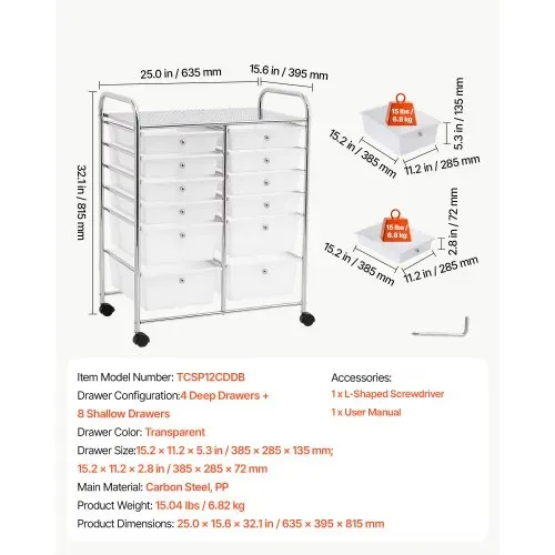 VEVOR Rollwagen mit 12 Schubladen Rollcontainer Doppelreihe 635x395x815mm, Metallgestell, Ablagefläche, Handgriffe, Lenkrolle mit 2 Bremsen, Mobiler Schubladenwagen für Büro Werkstatt Klassenzimmer – Bild 6
