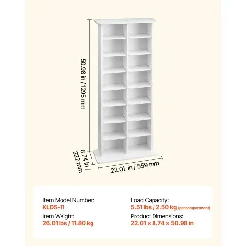VEVOR Medienregal, 8-lagiges CD-Regal, 559x222x1295 mm, Multimedia-Aufbewahrung für CDs, DVDs, Bücher & Spiele, Raumteiler Schrank mit 16 Fächern für Wohnzimmer, Homeoffice, Aufnahmeraum, Weiß – Bild 6