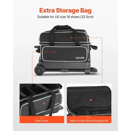 VEVOR Bowlingballtasche für 2 Bälle mit Doppelrollen & separatem Fach für Schuhe (bis US-Größe 16) & übergroßer Zubehörtasche, einziehbarer Griff lässt sich auf 105 cm ausziehen Schwarz + Weiß – Bild 4