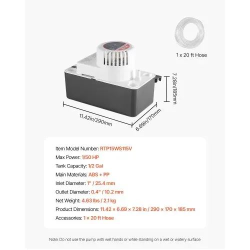 VEVOR Kondensatabsaugpumpe Kondensatpumpe 1/50 PS 1,89 L Tank, automatische AC-Kondensatpumpe mit Schwimmerschalter und 6 m Schlauch für Klimaanlage Luftentfeuchter, Eisbereiter-Wasserablauf Schwarz – Bild 6