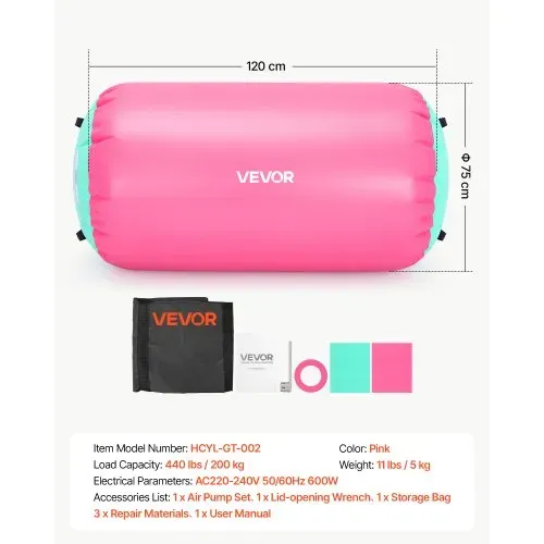 VEVOR Airtrack Rolle 120 x 75 cm Aufblasbare Turnrolle mit Pumpe Pink, für Turnhallen, Schulen, Vereine und Gärten, 200 kg Tragkraft, Einstellbarer Luftdruck, Silikongriffe, Schlauch und Tasche – Bild 6