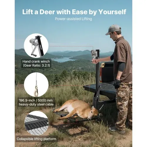 VEVOR Game Hoist, Hirschhebezeug mit Anhängerkupplung & Hebesystem-Plattform, 136 kg Tragkraft, Wildhebezeug-Windenlift mit 5,08 cm Empfänger, 360-Grad-Schwenkwelle & faltbar, 1440x900x1310 mm – Bild 2