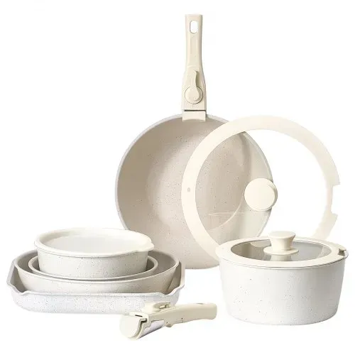 VEVOR Induktion Töpfe Pfannen Set (17-teilig) mit Glasdeckel antihaftbeschichtetes Kochgeschirr mit abnehmbarem Griff, Induktionskochtöpfe zum Braten, Würzen von Soßen und Kochen (Weiß) – Bild 8