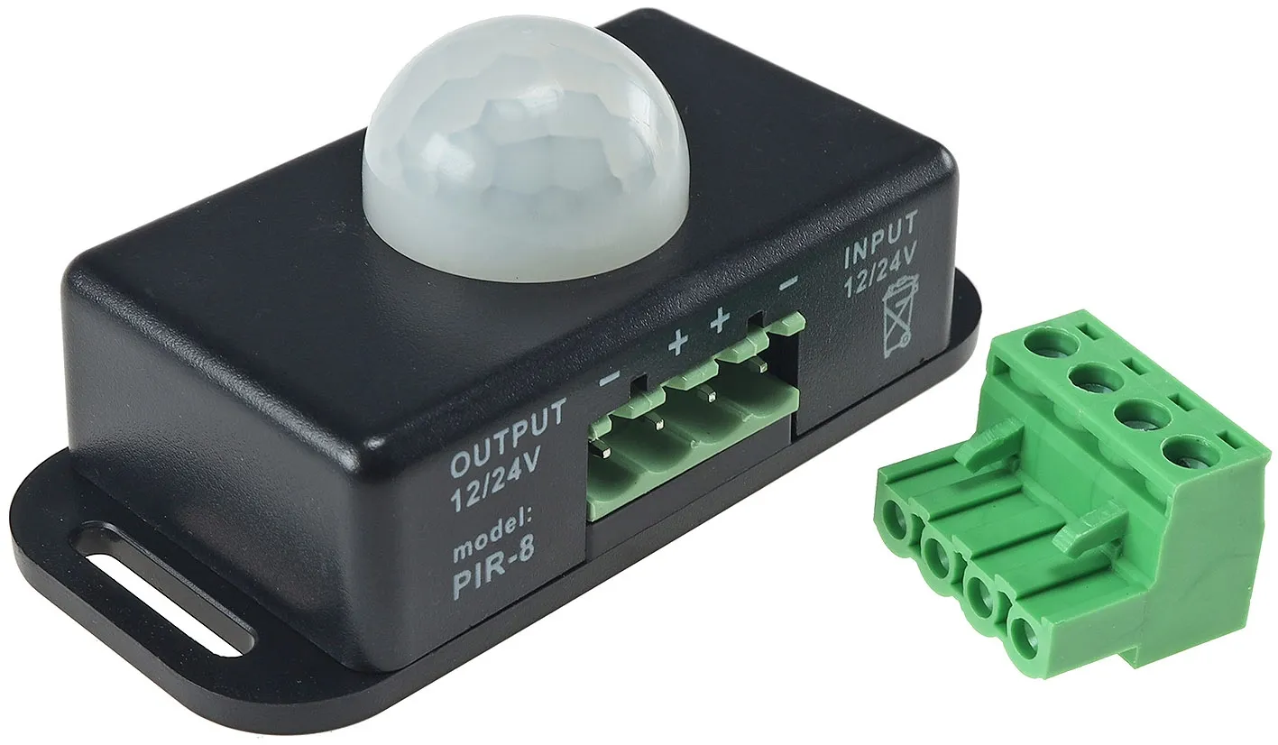 Bewegungsmelder 12-24V=, 6A IP20, bis 8m Reichweite, 60°, 1-10min Bewegungsmelder 12-24V=, 6A IP20, bis 8m Reichweite, 60°, 1-10min