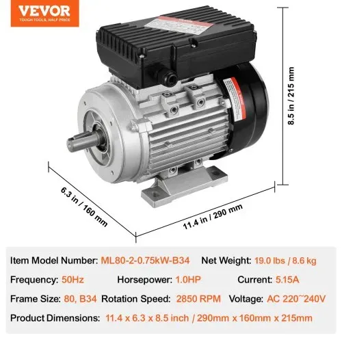VEVOR 2,2 kW Elektromotor 2800 U/min, Wechselstrom 220–240 V, 13,8 A, 90 l, B3-Rahmen, Luftkompressormotor einphasig, 24 mm Keilwelle, Rechts-/Linkslauf für landwirtschaftliche Maschinen und allgemeine Geräte – Bild 6