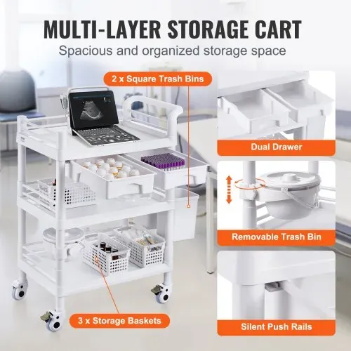 VEVOR Laborwagen mit 3 Ebenen, Laborwagen mit 3 Ablagen und 4 leisen Rädern, mobiler medizinischer Wagen aus PP-Material, Laborrollwagen mit 3 Mülleimern für Labor, Klinik, Krankenhaus, Salon, weiß – Bild 4