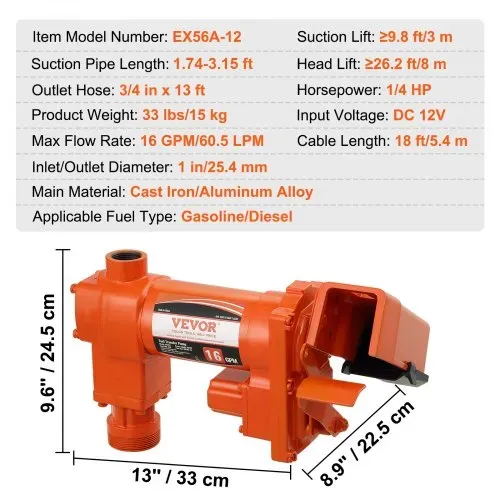 VEVOR Kraftstoff-Transferpumpe, 12 V DC, 60,5 L/min, 1/4 PS, Benzin-Absaugpumpe mit Düse, Auslassschlauch & Saugrohr für Benzin, Diesel, Kerosin, Ethanol- und Methanolmischungen und Biodiesel – Bild 6