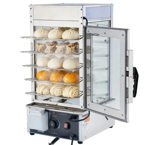 VEVOR 5-stufiger Gewerblicher Speisenwämer 120 L 30 bis 110 ℃, 1200 W Brötchendämpfer LED-Beleuchtung & Verstellbaren Ablagen & Edelstahlrahmen, Warmhaltevitrine für Hamburger Mantou Brot – Bild 9