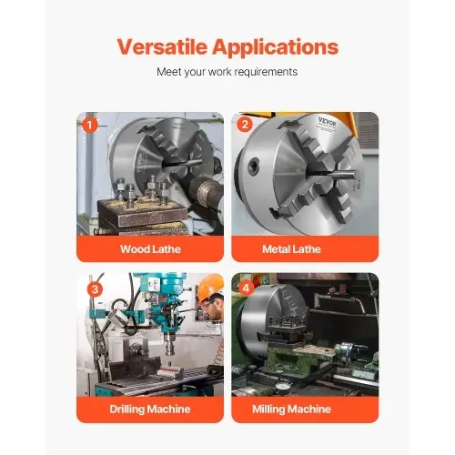 VEVOR 4-Backen-Drehfutter, φ200 mm, selbstzentrierendes Spannfutter mit 38,1-mm-8-Gewindeträgerplatte, 4-200 mm Spannbereich mit T-Schlüsselschrauben, HT300-Material, für Holz-Metall-Drehmaschinen – Bild 5