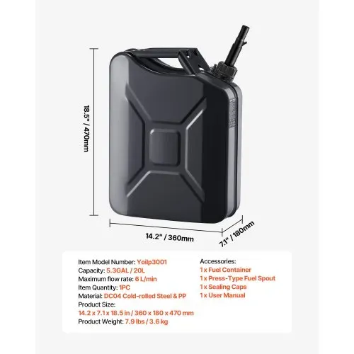 VEVOR Kraftstoffkanister Metall 20 L, Benzinkanister mit Ausgießer & Komfortgriff, 6 L/min Durchflussrate, Auslaufsicherer & Korrosionsbeständiger, Ideal für Autos, Motorräder, ATVs & UTVs, Schwarz – Bild 6