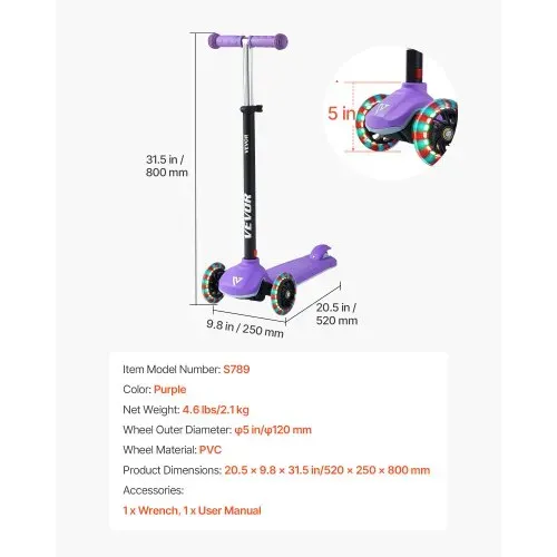 VEVOR Scooter (3 Räder) ab 3 Jahren, Cityroller Kinderroller mit leuchtenden Rädern & höhenverstellbarem Lenker & rutschfestem Deck & leichtem Aluminiumrahmen, Tretroller bis zu 75 kg, Lila – Bild 6