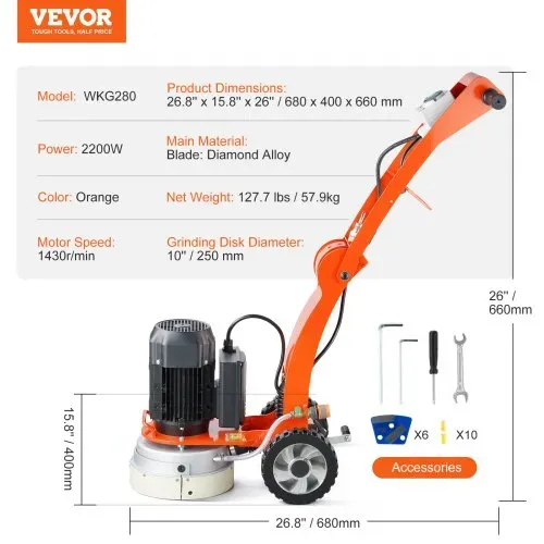 VEVOR Betonbodenschleifer 25,4 cm handgeführte Poliermaschine 3,0 PS – Bild 6