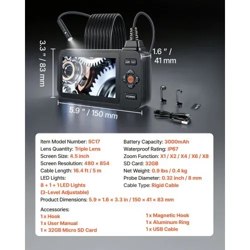 VEVOR Triple Lens Endoskopkamera mit 4,5 Zoll Bildschirm, 3000mAh Akku Inspektionskamera mit 5m Kabel 8X Zoom 180° Bildrotation IP67 Wasserdicht, 8mm Industrie Endoskop mit LED für Auto Rohre Abfluss – Bild 6