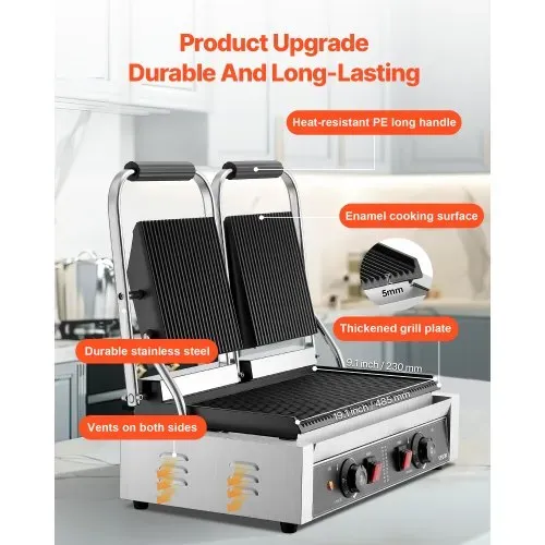 VEVOR kommerzieller Kontaktgrill 3600 W Elektrogrill Sandwichmaker (Doppelbackplatten) Panini Presse aus Edelstahl mit Temperaturregelung, 48 x 23 cm gerillte Emailleplatte für Hamburger Steak Speck – Bild 2