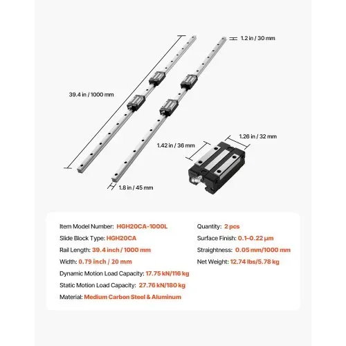 VEVOR Linearführungen HGR20, 2er-Pack 1000 mm Linearschienen & 4 Stk. Gleitblöcke, rostfrei & hochpräzise, Gleitschienen für Heimwerker, CNC-Fräsen, Drehmaschinen, Fräsmaschinen, 3D-Drucker – Bild 6