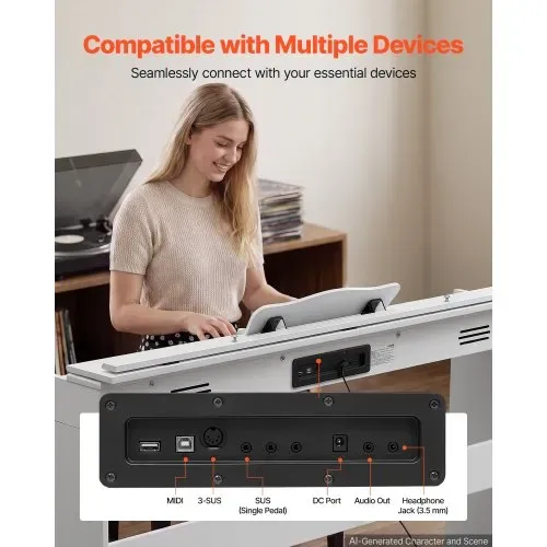 VEVOR Digitalpiano 88 Halbgewichtete Tasten E-Piano HiFi-Lautsprecher Weiß für Anfänger, mit 128 Klängen, 128 Rhythmen, USB, MIDI, Audioausgang, Standard-3,5-mm-Kopfhörerbuchse, Notenhalter und Pedal – Bild 5