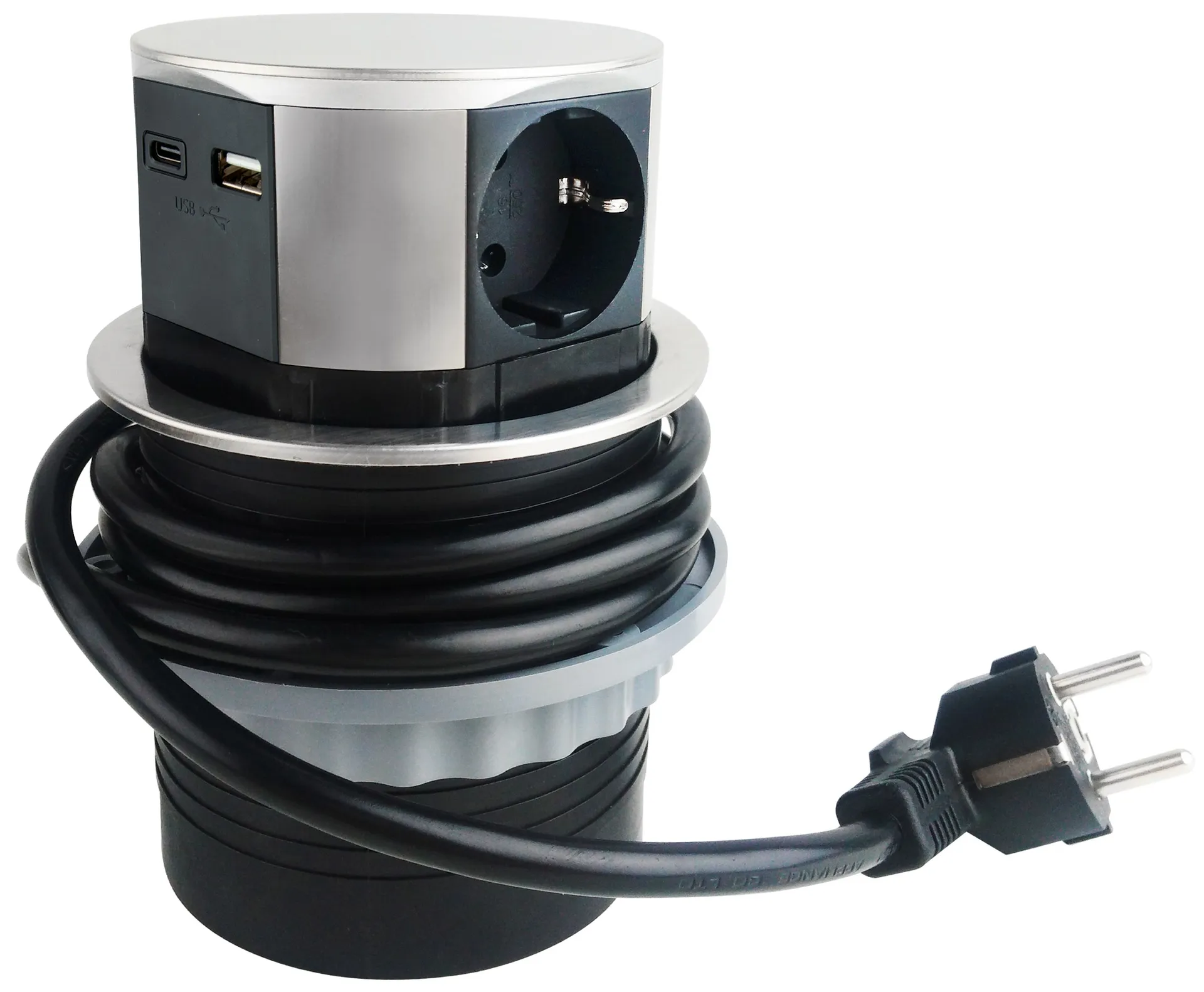 Schreibtisch-Einbausteckdose 3x +USB A+C versenkbar, Edelstahl-Ausführung, rund Schreibtisch-Einbausteckdose 3x +USB A+C versenkbar, Edelstahl-Ausführung, rund