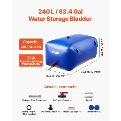 VEVOR Wasserspeicherblase, 240 L PVC-Weichwasserbeutel, Wasserspeicherbehälter, auslaufsicherer & verschleißfester Wohnmobil-Wassertank für die Bewässerung im Outdoor, Camping VEVOR Wasserspeicherblase, 240 L PVC-Weichwasserbeutel, Wasserspeicherbehälter, auslaufsicherer & verschleißfester Wohnmobil-Wassertank für die Bewässerung im Outdoor, Camping