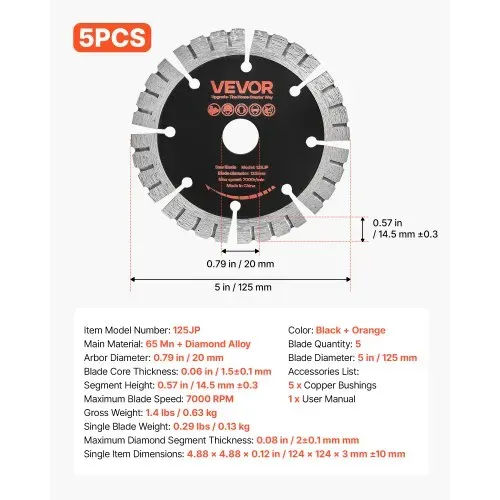 VEVOR 5 Stk. Diamanttrennscheiben 125mm, Diamant-Sägeblätter mit 20mm Bohrung & 14,5mm Segmenthöhe, Max. 7500 U/min Diamantscheiben für Trocken/Nass Schneiden, Trennscheibe für Beton Mauerwerk Stein – Bild 6