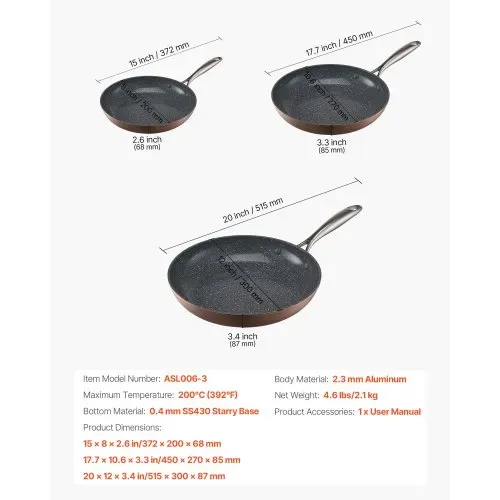 VEVOR Bratpfannen Set 3-tlg. (20 / 27 / 30 cm), Hochleistungs-Bratpfannen aus Aluminium (Antihaftbeschichtet), Kochpfanne Küchenkochgeschirr geeignet für Gas Elektro Induktion Grau – Bild 6