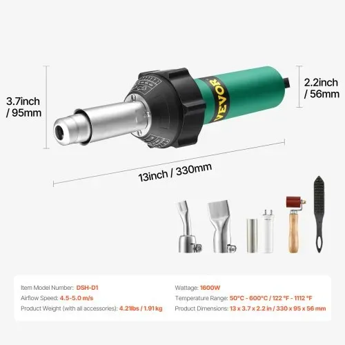 VEVOR Heißluft-Kunststoffschweißgerät, 1600 W Heißluftpistole, 50–600 °C PVC TPO Vinyl Schweißbrenner, 5-teiliges Hot Air Welder Set und 2 Flachdüsen, 1 Nahtrolle, Bürste für PP/PE/PVC-Platten – Bild 6
