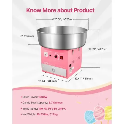 VEVOR elektrische Zuckerwattemaschine kommerzielle Zuckerwattegeräte (1000 W) mit 52 cm Edelstahlschüssel & Zuckerlöffel & Schublade, perfekt für Kindergeburtstage Familienfeiern Partys Rosa – Bild 6