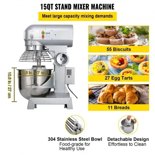 VEVOR Teigknetmaschine Küchenmaschine, 15 Qt Edelstahl Teigmixer, 600 W, einstellbar (130/233/414 U/min), inkl. Edelstahlschüssel, Knethaken, Schneebesen, Rührbesen, ideal für Bäckereien, Restaurants – Bild 2