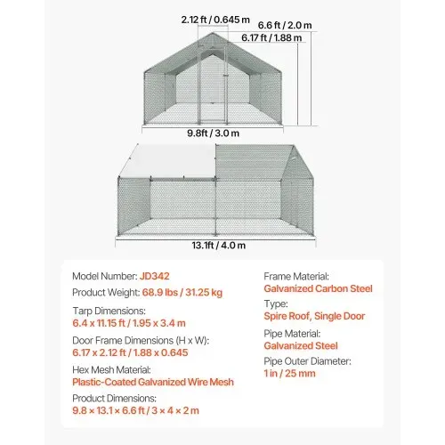 VEVOR Hühnerstall 3x4x2 m, Begehbarer Hühnerauslauf mit Abdeckung, Hühnerhaus mit Turmdach & Sicherheitsschloss, Enten- & Kaninchenkäfig, Geflügelgehege für Hinterhof, Bauernhof, Hof – Bild 6