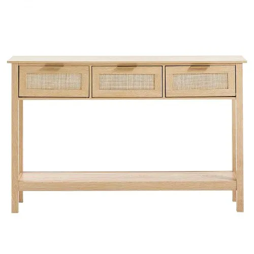 VEVOR Rattan-Konsolentisch mit 3 Schubladen, Rattan-Eingangstisch mit natürlicher Rattan-Schiebetür, Konsolen-Sofatisch für Wohnzimmer, Arbeitszimmer, Eingangsbereich oder Fernsehwand, Natur – Bild 8