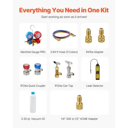 VEVOR 4,5 CFM AC-Vakuumpumpe & Manometer-Set, 1-stufige-HVAC-Luftvakuumpumpe, A/C-Kältemittelverteiler-Manometer-Kit, mit Lecksuchschläuchen, für R134a, R12, R22, R502a, R410A, R404, R407C – Bild 2