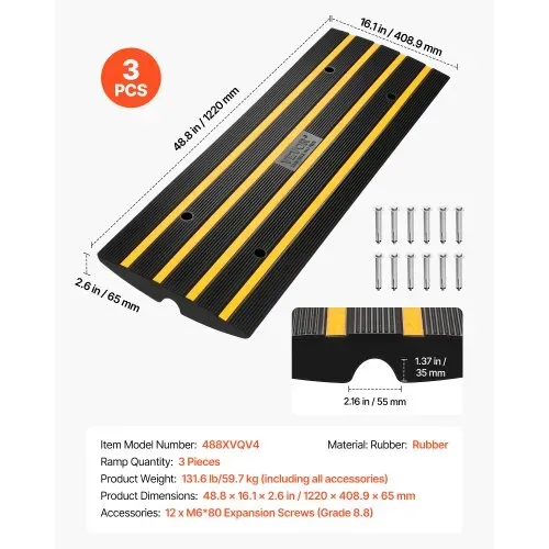 VEVOR 3x Schwellenrampe Vollgummi Türschwellenrampe Max. Belastbarkeit 15Tonnen Bordsteinrampe mit 5,5x3,5cm Kanal Rollstuhlrampe 122x40,5x6,5cm Auffahrrampe Ideal für unebenen Boden Bordsteinkanten – Bild 6