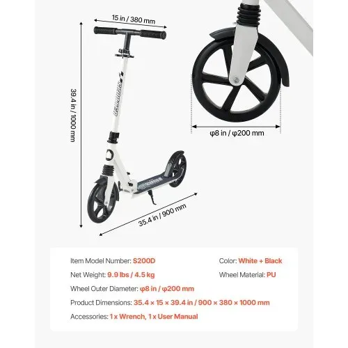 VEVOR Scooter (2 Räder) für Kinder ab 8 Jahren, Cityroller Kinderroller Straßenroller mit höhenverstellbarem Lenker & rutschfestem Deck, faltbarer Tretroller bis zu 100 kg, Schwarz + Weiß – Bild 6