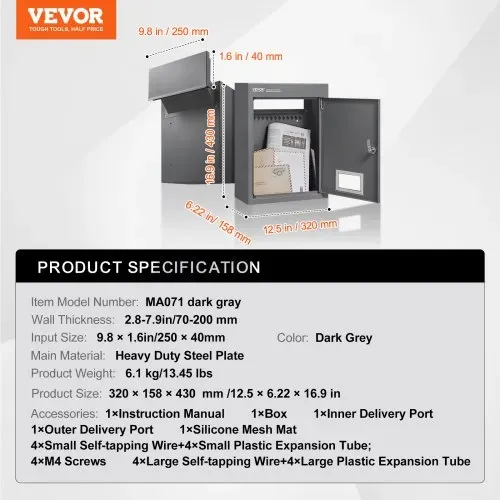 VEVOR Mauerdurchwurf Briefkasten Einbaubriefkasten 320x158x430mm dunkelgrau – Bild 6
