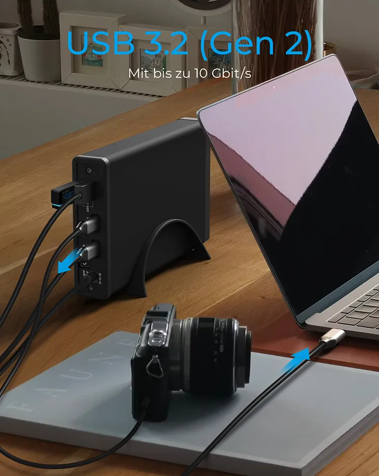 ICY BOX IB-382H-C31, USB 3.2 Gen 2 Gehäuse für 2,5'' od. 3,5'' SATA HDD/SSD, integrierter Hub 1x USB-C 2x USB-A, 10 Gbit/s, 12V 3A Netzteil, schwarz – Bild 3