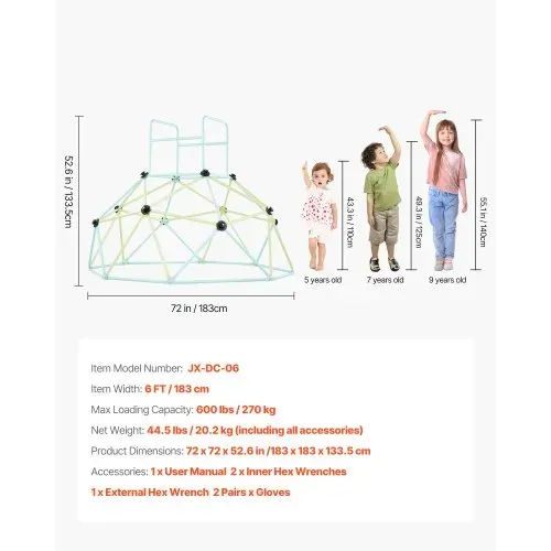 VEVOR Kletterkuppel geometrisches Klettergerüst (183 cm) breit, 270 kg belastbares Klettergerüst, Klettergerät für Kinder von 3 bis 10 Jahren Gartenspielzeug Spielplatz blau + grün – Bild 6