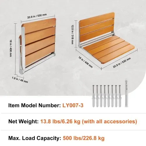 VEVOR Klappbarer Duschsitz Teak, wandmontierte hochklappbare Duschbank mit 227 kg Tragkraft, platzsparender herunterklappbarer Duschstuhl für Senioren, Schwangere, Kinder 530 x 406 x 318 mm – Bild 6