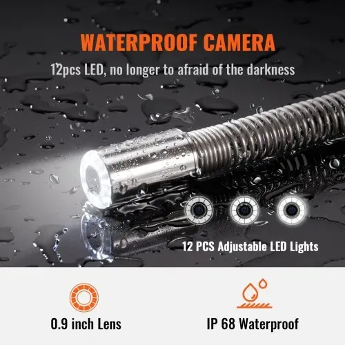 VEVOR Kanalkamera 50m, 23cm Rohrinspektionskamera mit 512-Hz-Ortung, DVR-Funktion, IP68-Kamera mit 12 einstellbaren LEDs, einer 16-GB-SD-Karte für Abwasserleitungen, Kanal- & Abflussrohrinstallation – Bild 3