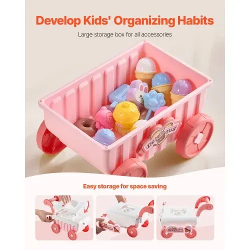 VEVOR Eiswagen, 27-teiliges Zubehör, Eisdiele aus PP, Aufbewahrungswagen mit Spielgeld, Ton- und Lichteffekten, Montessori-Lernspielzeug, Rollenspiel für Kleinkinder ab 3 Jahren (Pink) – Bild 3