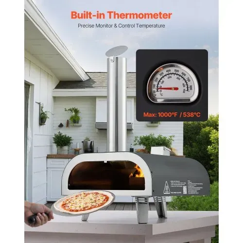 VEVOR Pizzaofen Outdoor 12 Zoll Pellet-Pizzaofen mit eingebautem Thermometer (max. 540 °C) & Schaufel & Tragtasche, tragbarer Pizzamaker für Garten Camping, Silber – Bild 3