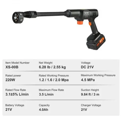 VEVOR Akku Hochdruckreiniger Bürstenlos Wasser Druckreiniger Spritzpistole Druckreinigerpistole (21 V, 50 bar, zur mobilen Reinigung und Bewässerung, 3,5L/min, inkl. Zubehör, 0°~40°-Düse) – Bild 6