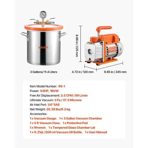 VEVOR Vakuumpumpe mit 11,4 L Vakuumkammer, 3,5 CFM 99 L/min, 1-stufige Unterdruckpumpe 180 W, Vacuum Pump Kit, 1,5 m Schlauch, zur Stabilisierung von Holz und Entgasung von Silikonharz – Bild 6